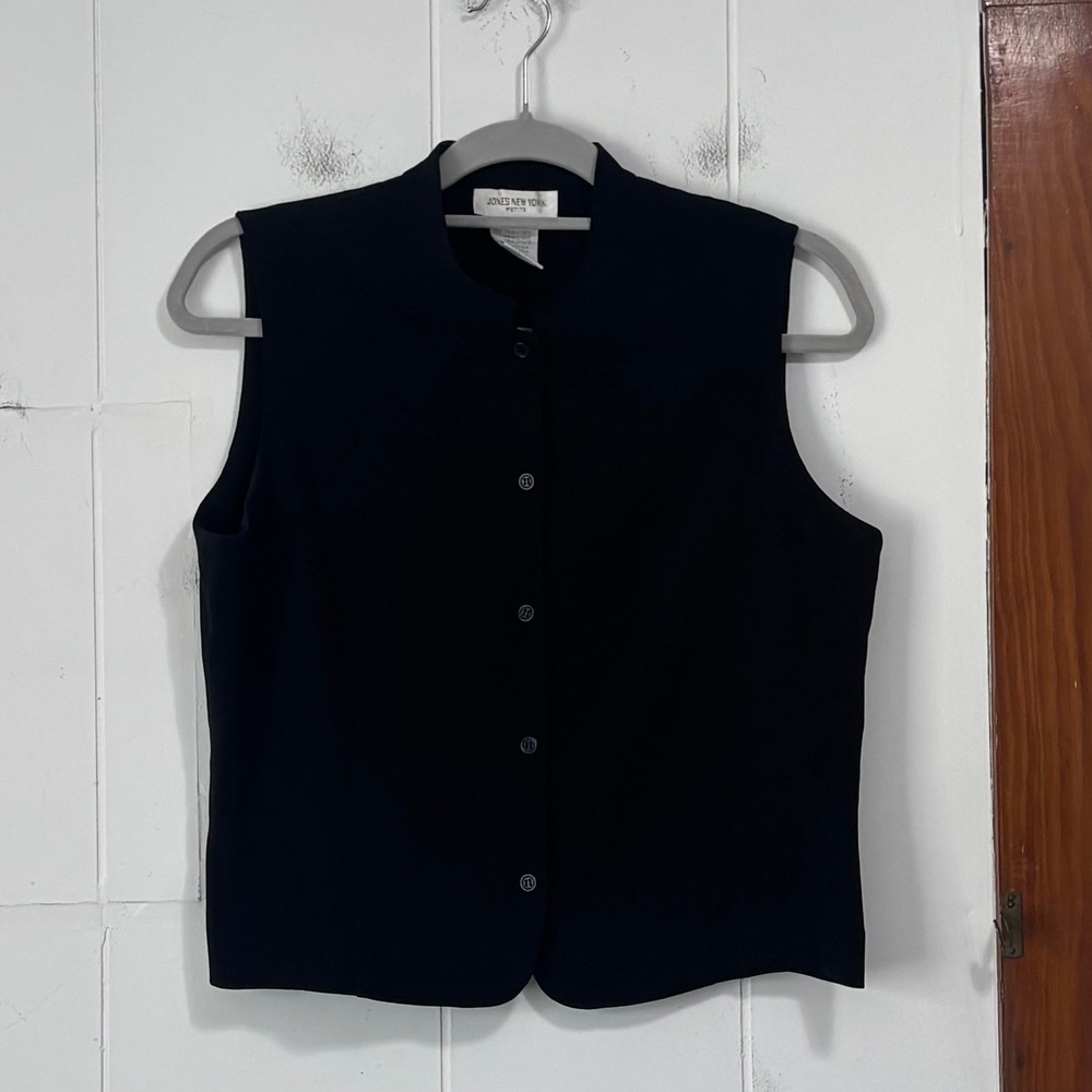 Jones New York Petite Black Mock Neck Button Front Sleeveless Vest Size 14P